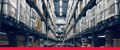 warehouse racking with pallets of boxes
