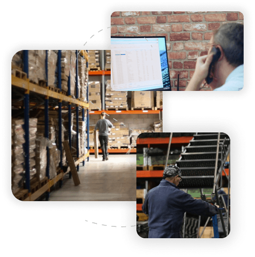 collection of images showing a person using a system on a computer, a warehouse and a person moving a set of stairs
