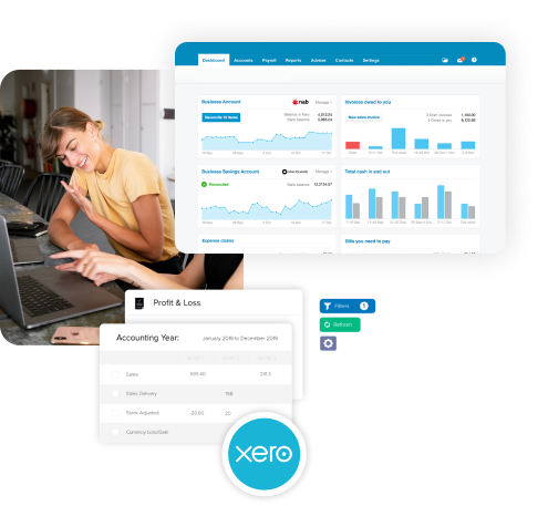 System graphics of xero dashboard and people using a laptop