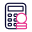 An icon of a blue calculator with a stack of pink coins in front of it.