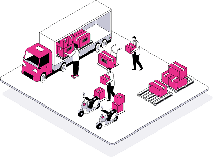 An isometric image of people loading boxes onto a lorry