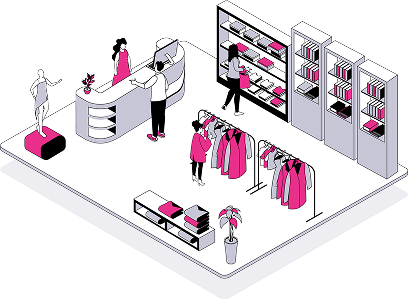 An isometric image of a ship with people looking at items and one person speaking to a staff member behind a counter