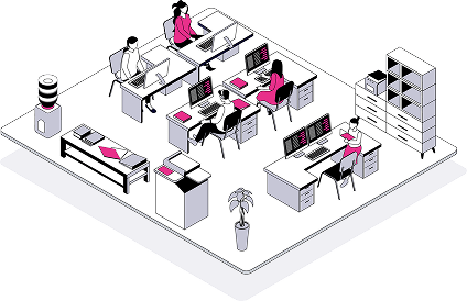An isometric view of an office with four people working at computers and one person reading a report
