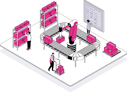 An isometric view of a warehouse with people picking items from shelves and moving boxes