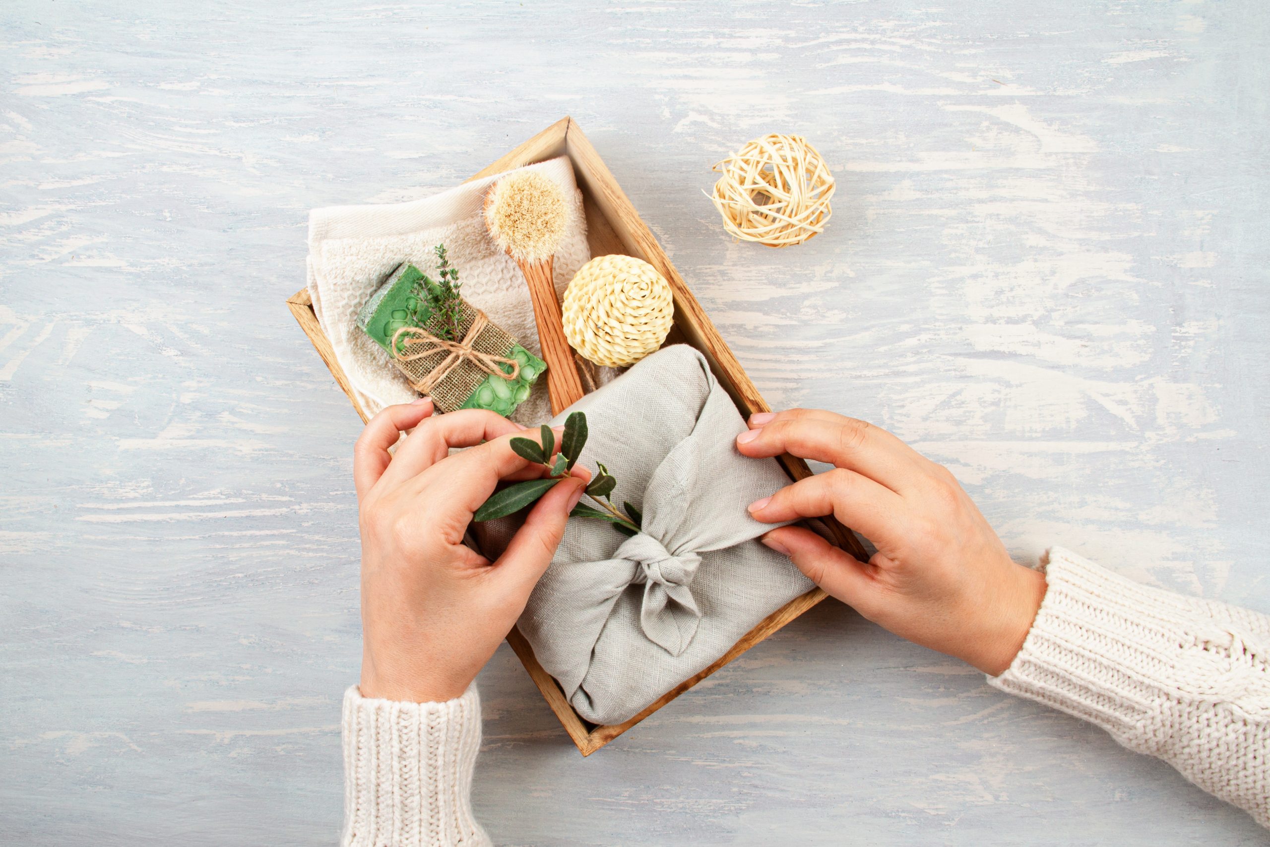 Handmade natural organic soap, dry shampoo, spa, beauty skincare gift package concept. Small business, ethical shopping idea. Presents packed in plastic free, craft gift boxes. Zero waste lifestyle