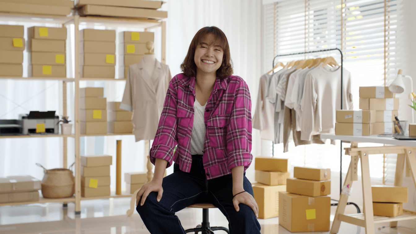 Lady sat in front of warehouse shelves with boxes