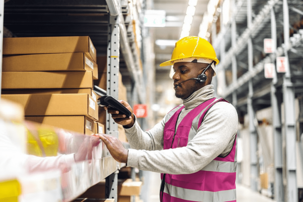 Man scanning stock in a warehouse, wearing a magenta high vis jacket and yellow helmet.