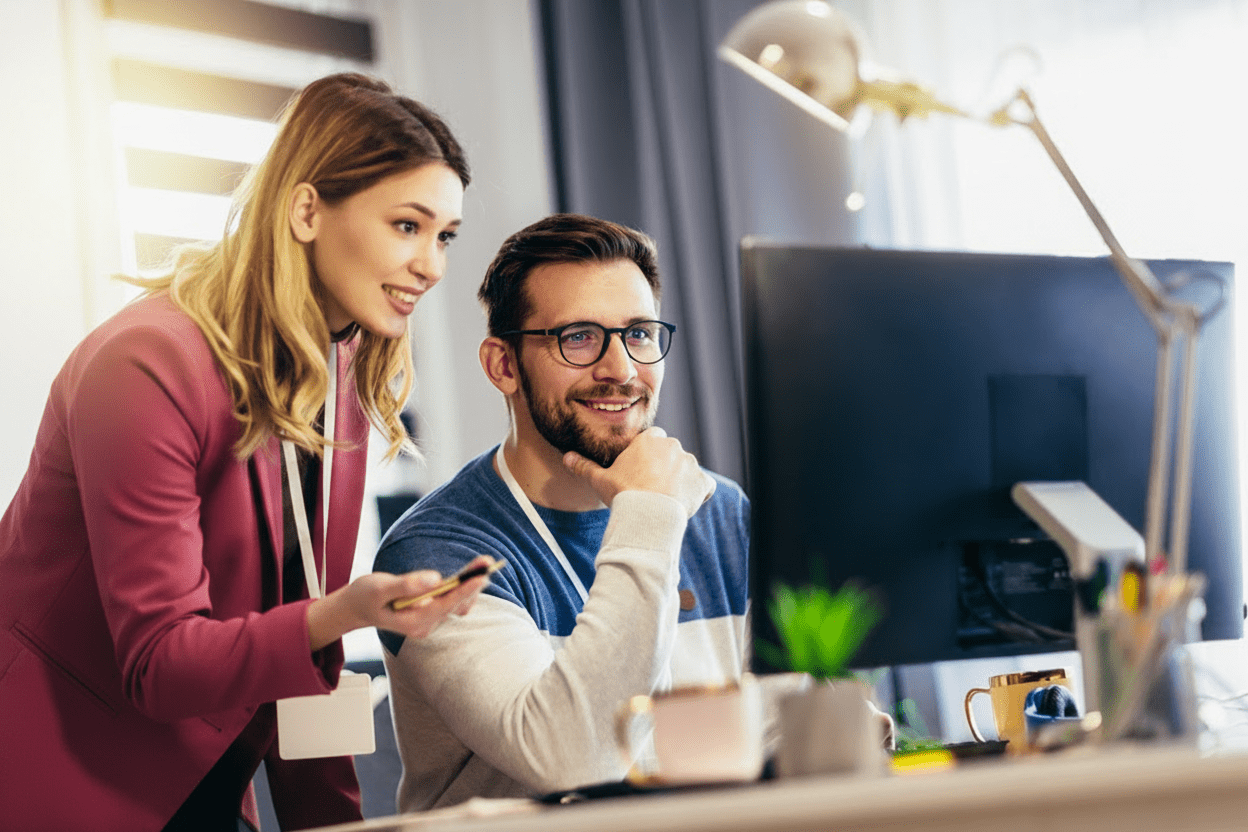 Young couple doing business together working at home on the computer.