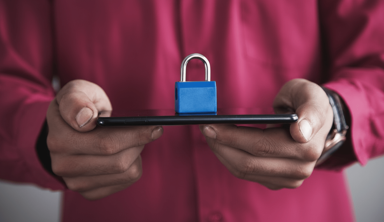 Man holding smartphone with a padlock. Mobile and internet security concept