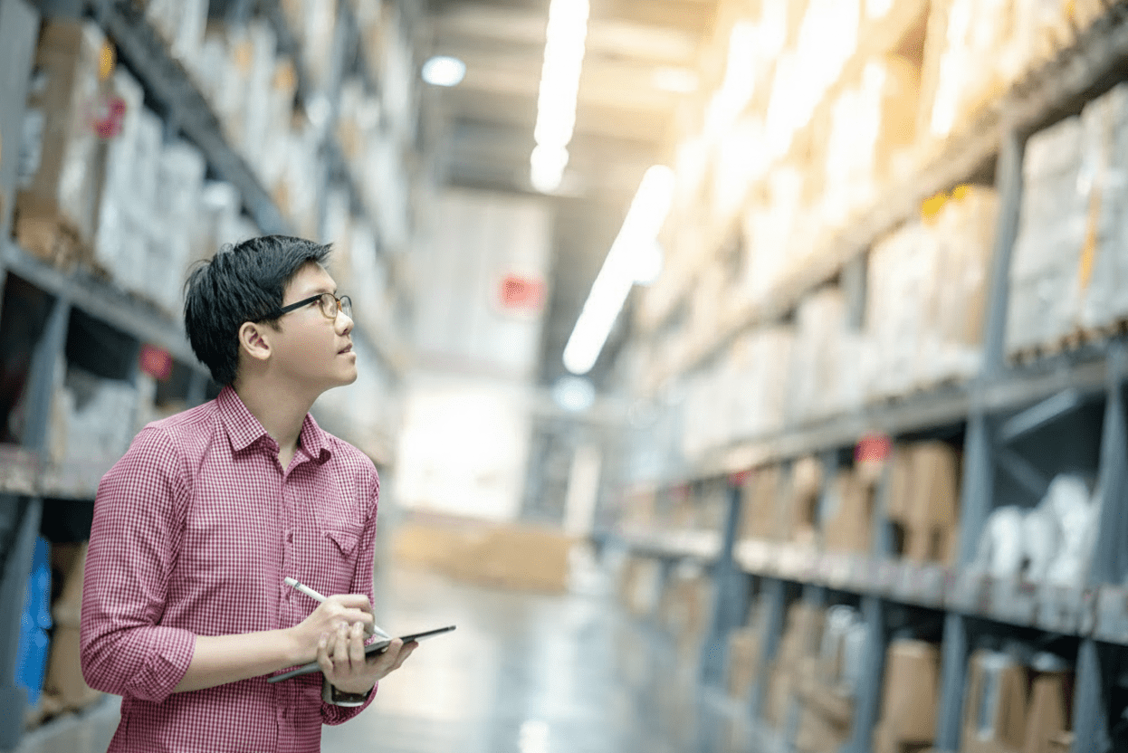 Young Asian man worker doing stock take. 
