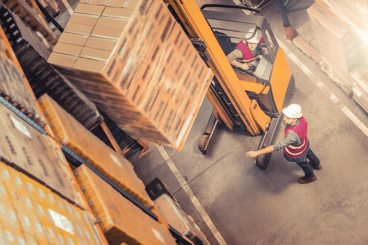 Forklift operator taking a pallet of boxes off a shelf, guided by a colleague.