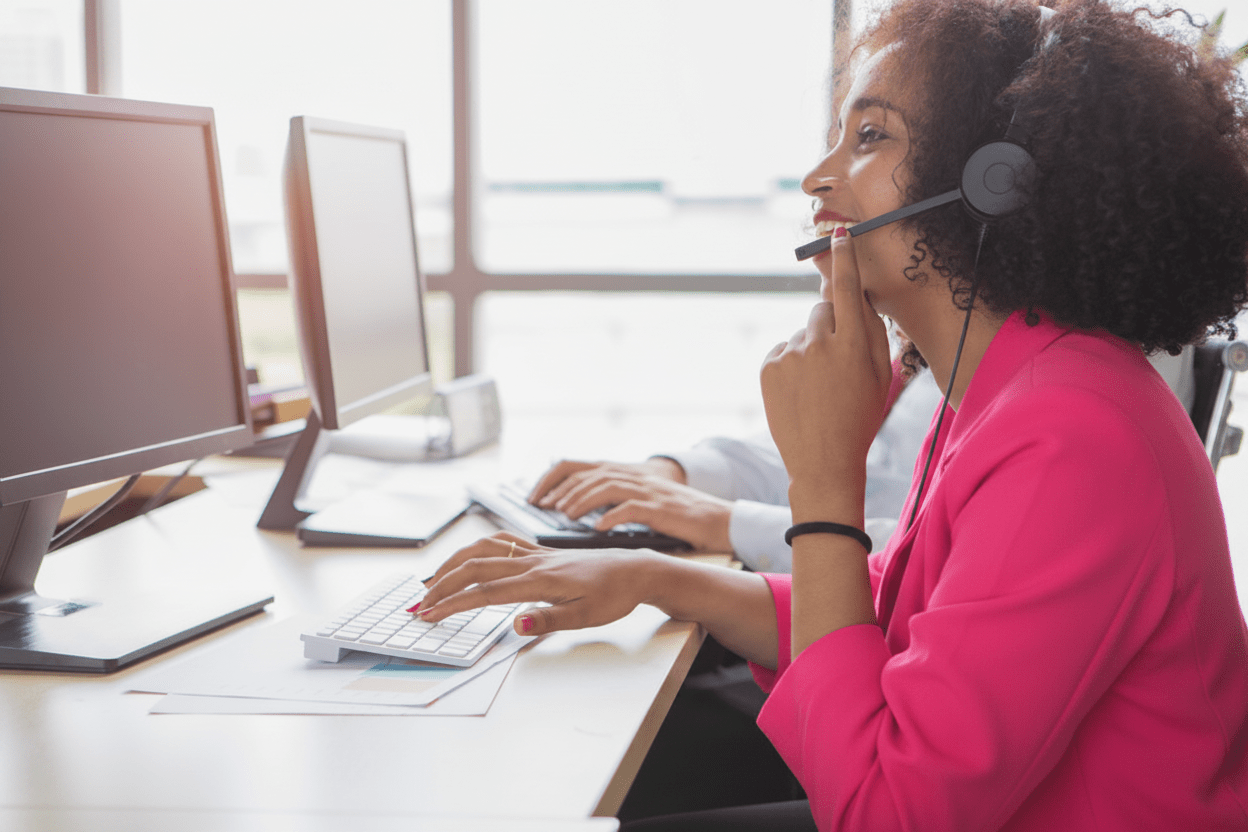 no-lazyload fetch-high A female call centre employee is talking to a customer who is experiencing a defective product. She gives him good advice.
