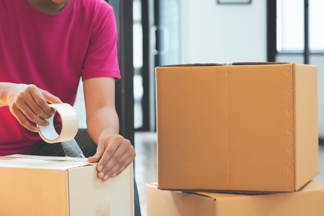 Close up of a person sealing tape on a box.