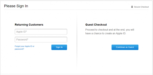 A screenshot showing the Apple checkout sign in page with the option to sign in or checkout as a guest