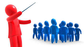 graphic of one person holding a stick to a group of people