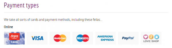 A screenshot showing a number of payment types offered by Argos