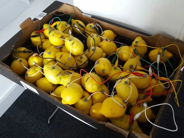 box full of lemons and cables